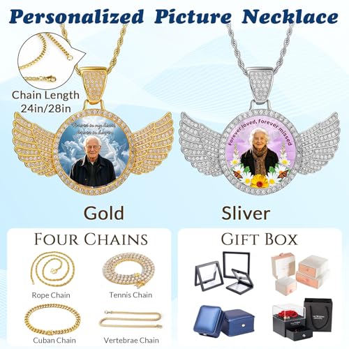 HJX Custom Circle Chain with Wings, Memorial Picture Necklace for Men Womem - color: 8-wing memorial