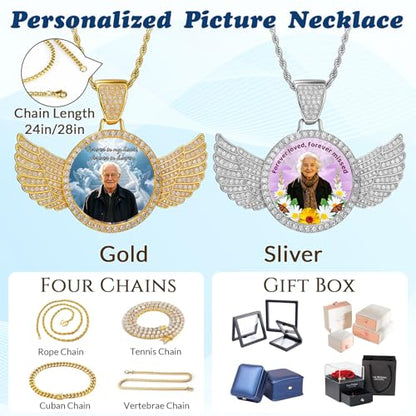 HJX Custom Circle Chain with Wings, Memorial Picture Necklace for Men Womem - color: 8-wing memorial