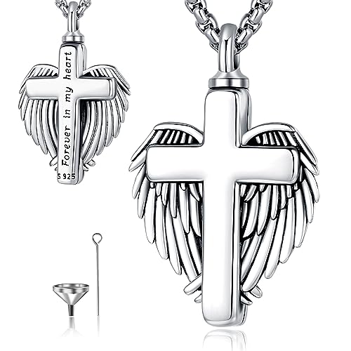 Cremation Jewelry 925 Sterling Silver Urn Necklace for Ashes for Women Men Memorial Pendant for Human Ashes Keepsake Put in Ashes of Loved Ones Cat Pet - color: D-Cross & Wings Angle
