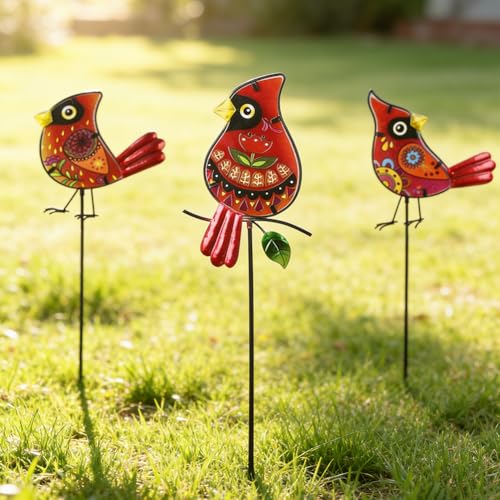 Set of 3 Cardinal Stained Glass Decorative Garden Stakes - color: Cardinal