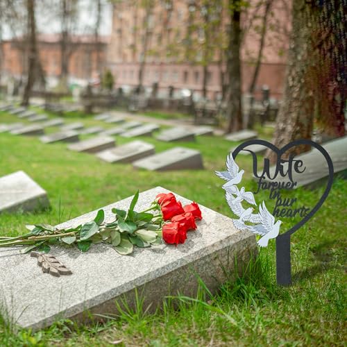 BUoonyer Stake Graves Cemetery Decorations - Wife Metal Memorial Grave Markers, Women Heart Graveyard Sympathy Plaque, Dove Remembrance Graveside Burial Decor Sign for Outside Yard Garden - style: Wife