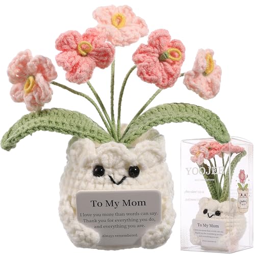 Crochet Forget Me Not Gift for Mom – Mothers Day Gifts from Daughter Son, Handmade Pink Flower Pot with Card “to My Mom”, Cute Desk Decor, Ready-to-Gift with Clear Box - color: E-mom-pink