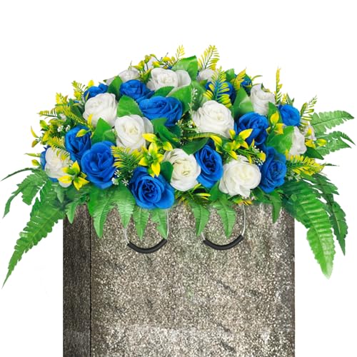 Lodou Artificial Cemetery Flowers, Silk Flower Arrangement,Artificial Rose Bouquet Grave Memorial Flowers with Headstone Saddle for Graveyard Headstones Decoration (1, Blue and White) - color: Blue and White