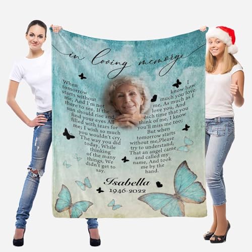 LOSARON Custom Memorial Blanket with Pictures & Name for Loss of Grandma Grandpa Mother Father Husband Wife Dog Custom Sympathy Gift - color: 1 Photo-2