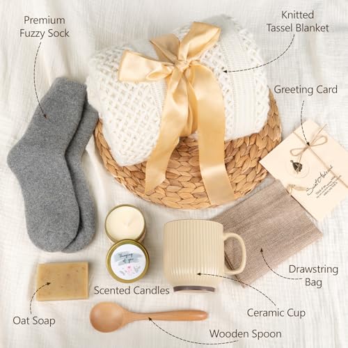 Mothers Day Gifts for Mom, Get Well Soon Gift Basket for Women, Self Care Thinking of You Care Package, Feel Better Relaxing Encouraging Gift for Her Sister Wife Friend Grandma Coworker (Ivory)