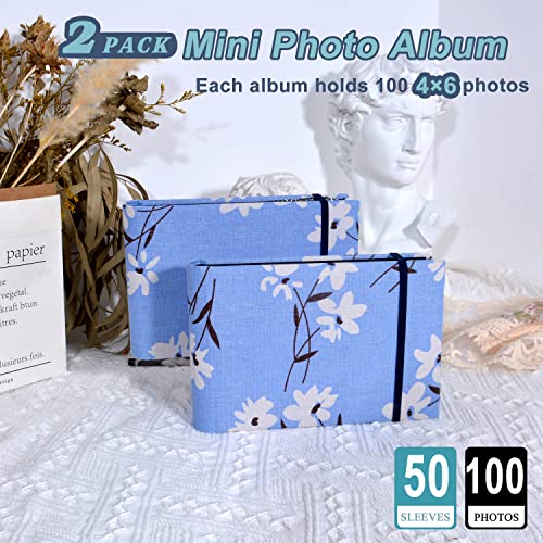 2 Pack Photo Album 4x6, 100 Pocket per Album, Horizontal (Flower) | Mini, Portable & Flexible, Easy to Classify, Linen Cover, High-clarity Pockets, Elastic Band, Family, Wedding, Gift - color: Blue + Flower