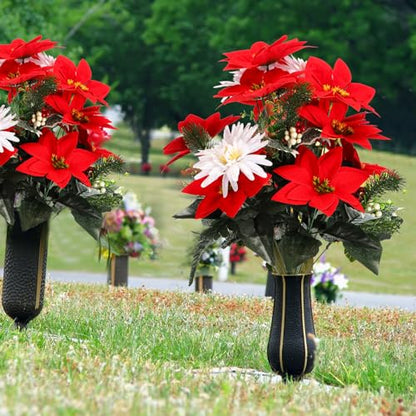 Suncalla 2 Set 26 inch Christmas Cemetery Flowers for Grave 18 Stems Artificial Red Faux Velvet Poinsettias Bouquets for Christmas Home Decorations, Holiday Bush, Indoor Floral, Cemetery Flowers - style: Poinsettia