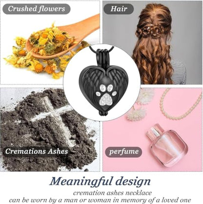 zeqingjw Pet Cremation Jewelry for Ashes Pendant Paw Print Pet Heart Urn Necklace Memorial Keepsake Jewelry for Pet/Dog's/Cat's Ashes - color: Wing Heart-Black