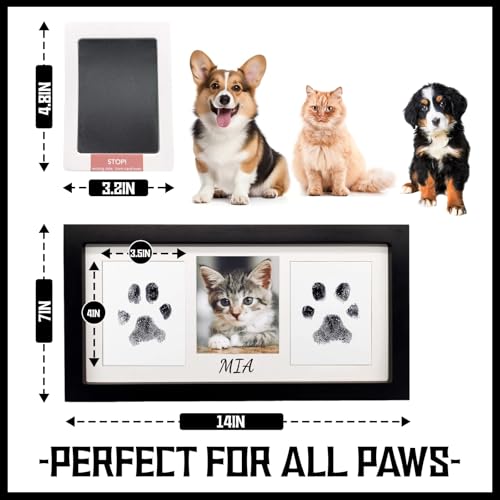 Paw Print Frame Kit for Dog Cat & Baby, Extra Large Wooden Memorial Frame, Inkless Pad & Soft Clay Impression Kit with Tool, Black (Black) - color: black