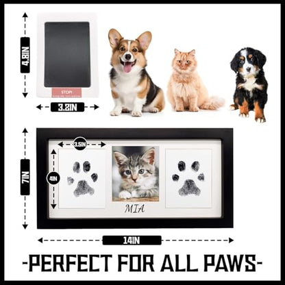 Paw Print Frame Kit for Dog Cat & Baby, Extra Large Wooden Memorial Frame, Inkless Pad & Soft Clay Impression Kit with Tool, Black (Black) - color: black
