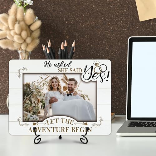 Engagement Picture Frame, He Asked She Said Yes Wedding Photo Frames, Newly wed Gifts for The Couple Newly Engaged, Engagement Party Favors, Let The Adventure Begin (4 x 6 Photo)-A03 - color: white wedding