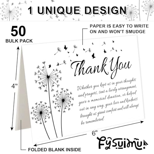 FYSUIMU 50Pcs Funeral Thank You Cards Bulk Boxed Black Dandelion Sympathy Thank You Cards with Sticker Envelope Bereavement Card for Memorial Service Loved Ones Celebration of Life - style: Dandelion