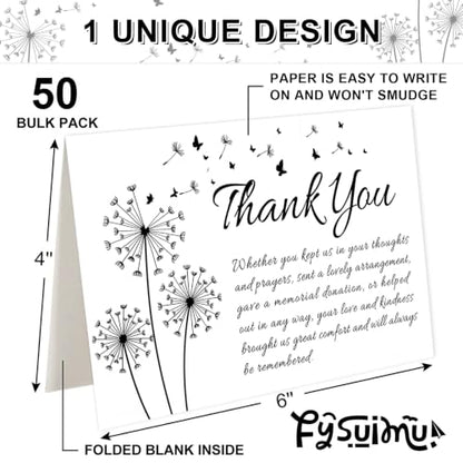 FYSUIMU 50Pcs Funeral Thank You Cards Bulk Boxed Black Dandelion Sympathy Thank You Cards with Sticker Envelope Bereavement Card for Memorial Service Loved Ones Celebration of Life - style: Dandelion