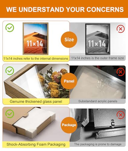 11x14 Shadow Box Frame with Ultra-Clear Glass & Soft Linen Back | With Push Pins and Stand, Deep 1.5" Brown Shadow Box Display Case – Display on Tabletop or Wall for Photo, Wedding, Keepsake - color: Brown+high Definition Panel + Shatter-proof Packaging,