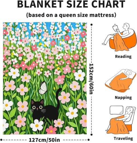 Cute Cat Fleece Throw Blanket, Flowers Flannel Blankets for Couch 50"×60" - color: Cute Black Cat
