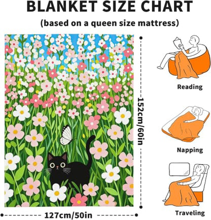 Cute Cat Fleece Throw Blanket, Flowers Flannel Blankets for Couch 50"×60" - color: Cute Black Cat