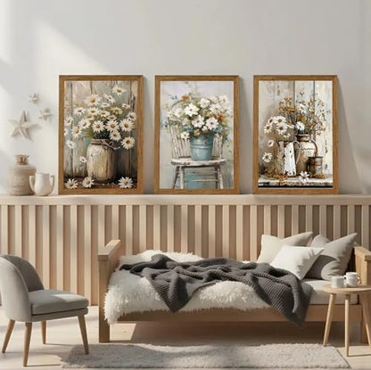 DUWQU Triptych Rustic Farmhouse Daisy Framed Canvas Wall Art 12x16 inch x3 - color: flower(Framed), size: 16"L x 12"W