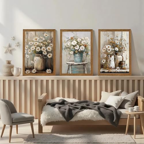 DUWQU Triptych Rustic Farmhouse Daisy Framed Canvas Wall Art 16x24 inch x3 - color: flower(Framed), size: 24"L x 16"W