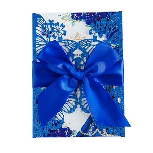 20 PCS Butterfly Quinceanera Invitation, Laser Cut Invitation Cards | 5.12x7.2" Blue Glitter Butterfly Quinceanera Invitation with Envelopes for XV Anos Bridal Shower Baby Shower Invite - color: Blue Glitter