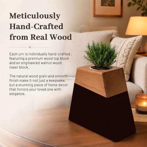 Plant Urn for Adult Memorial Keepsake, Solid Wood, Large Capacity, with Ceramic Pot, Bamboo Saucer, and Muslin Bag