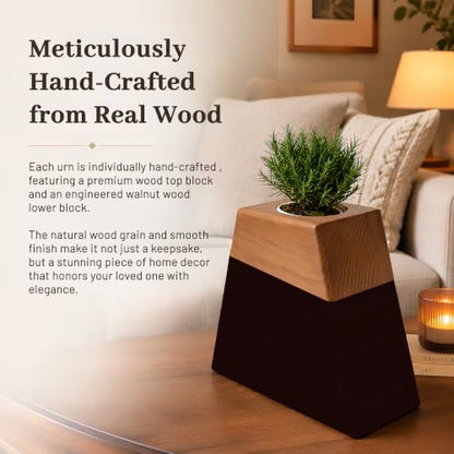 Plant Urn for Adult Memorial Keepsake, Solid Wood, Large Capacity, with Ceramic Pot, Bamboo Saucer, and Muslin Bag