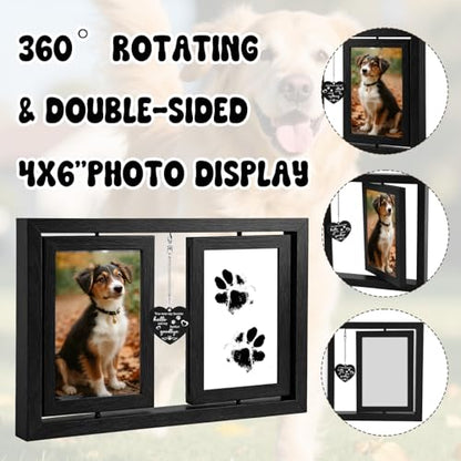 Dog Picture Frame 4x6, Paw Print Kit for Dogs, Dog Memorial Gifts for Loss of Dog | Rotating Wooden Double Sided Display Pet Paw & Nose Print DIY Kit - color: Black