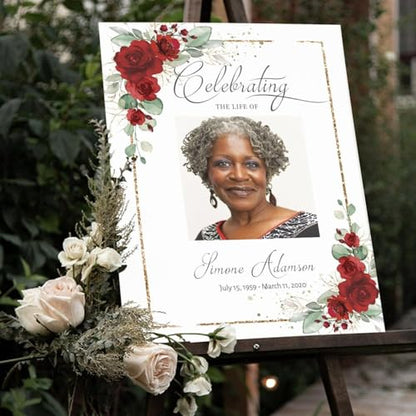 Funeral Welcome Sign, Personalized Celebration of Life Poster with Photo, Red and Gold Memorial Sign for Dad Mom Men Women, Funeral Entrance Décor, Remembrance Ceremony Display Board