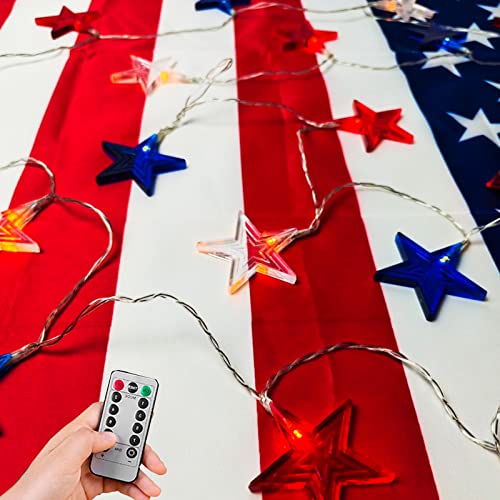 4th of July Decorations Memorial Day Red White and Blue Lights Battery Operated String Lights 19FT 40 LED Patriotic Fairy Lights with Timer & Remote for Independence Day Fourth of July Decor for Home - color: ['Red', 'White', 'Blue']
