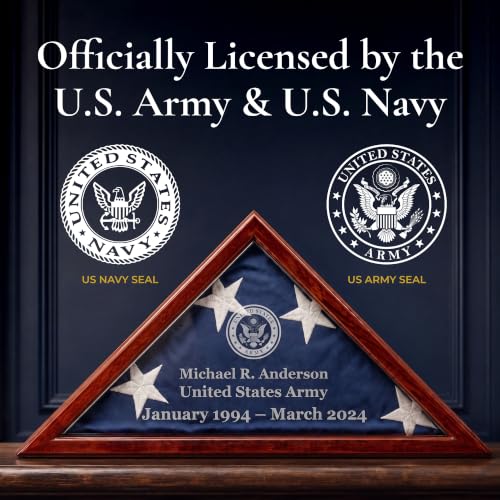 Personalized Flag Display Case for 5' x 9.5' Flag – All Military Branches Available, Veteran Memorial Display Case with Glass Front - size: Mahogany