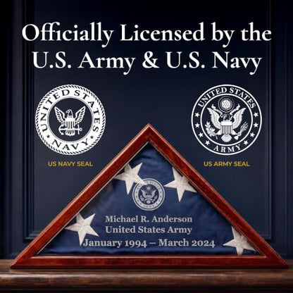 Personalized Flag Display Case for 5' x 9.5' Flag – All Military Branches Available, Veteran Memorial Display Case with Glass Front - size: Mahogany