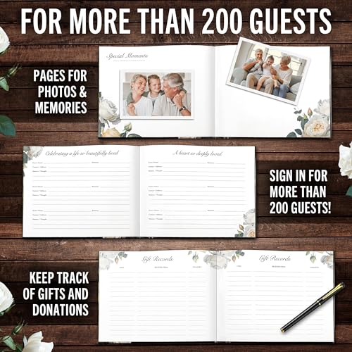 Celebration of Life Guest Book for Funeral or Memorial 9"x7", Hardcover Cardboard Floral Remembrance Book w/Sign In Poster, Gold Foil, Photo Window, Memory Keepsake for Loved Ones, Black & White Roses