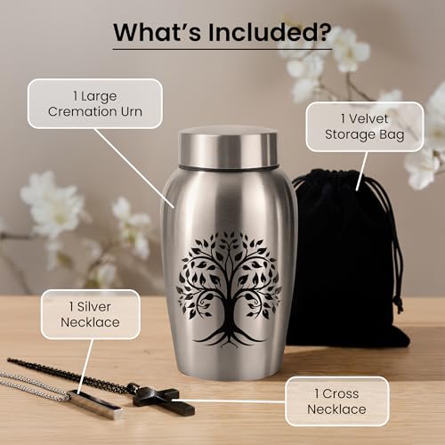 Stainless Steel Silver Urn for Ashes Adult Male & Female, Cremation urns for Human Ashes Man & Women, Set of 3 Includes 1 Large Urn & 1 Silver & Black Cross Necklace- Tree of Life - color: Stainless Steel Tree of Life Urn - Single Urn