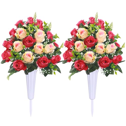 Lodou Artificial Cemetery Flowers,Set of 2 Grave Decorations Roses, Tombstone Memorial Bouquet with Vase for Grave Arrangementss (2, red & Beige) - color: Red & Beige