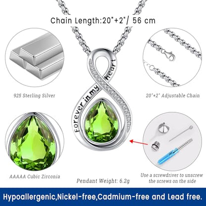 Eusense Cremation Jewelry for Ashes Urn Necklace to Put Ashes In 925 Sterling Silver Memorial Pendant Tree of Life Infinity Urn Necklaces for Ashes Necklace for Women Men - style: F-Infinity Urn-08-Aug.-Peridot