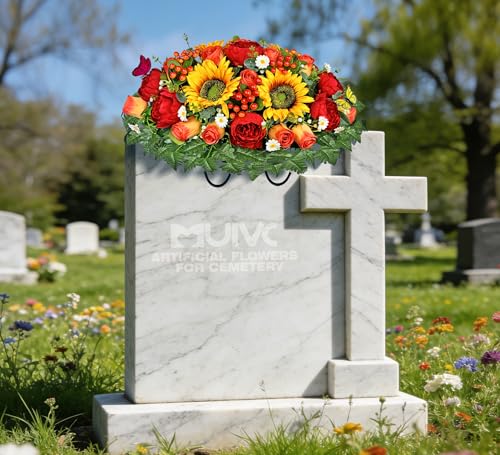 MUVIC Artificial Cemetery Flowers for Outdoor Grave Decorations - Sympathy Headstone Flower Saddle - Realistic Sunflower Rose