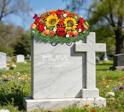 MUVIC Artificial Cemetery Flowers for Outdoor Grave Decorations - Sympathy Headstone Flower Saddle - Realistic Sunflower Rose