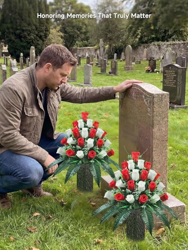 Mirevielyn 2-Pack 24-Stem Artificial Rose Cemetery Flowers with Vases - color: Red & White