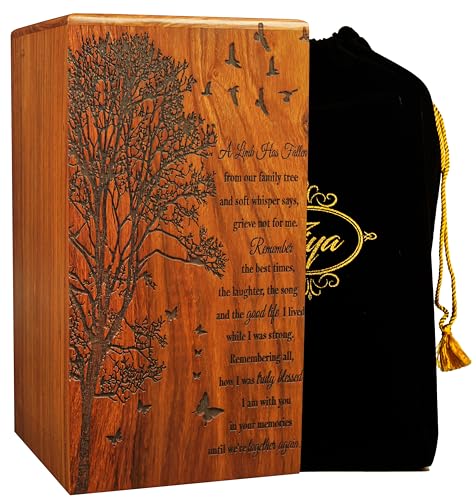 ZIYA Tree with Text Wood Urns for Human Ashes Adult Male, Decorative Men Urns, Large Funeral Urns for Women, Handcrafted Burial Female Cremation Urns for Large Adult Up to 250 lbs with Velvet Bag