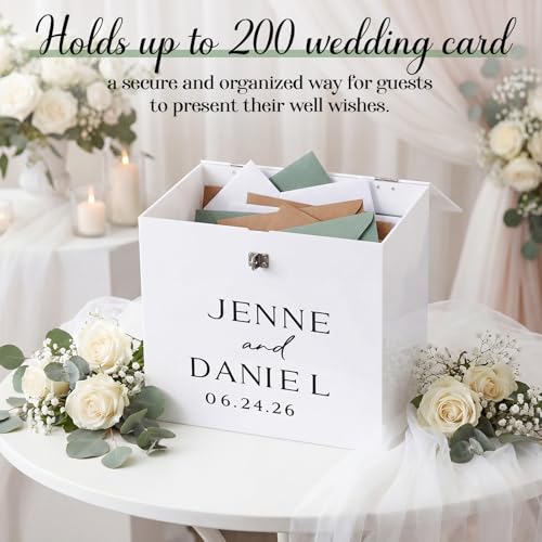 Novabright 10 Inches Wedding Acrylic Card Box with Slot Lock and Last Name Transfers Money Box for Bridal Shower Wedding, Baby Shower Birthday Party, No Assembly Needed(White,Elegant Style) - color: White, style: Elegant Style