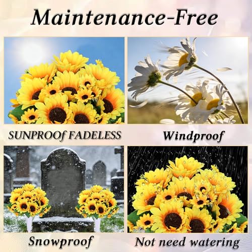 Artificial Cemetery Flowers for Grave Decorations - 4 Sunflower Bouquets with 2 Vases & Spikes - Lifelike Memorial Flowers for Cemetery Headstones Decoration ﻿ (Yllow)
