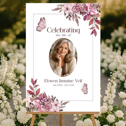 Personalized Celebration of Life Welcome Sign with Photo, Obituary Welcome Sign with Name and Date, Celebrating a Beautiful Life Butterfly Flower Tribute, Butterfly Flower Remembrance Decor, Custom Funeral Welcome Sign (Edition 5) - color: Edition 5
