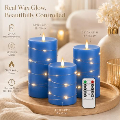 Upinmz Blue Real Wax Flameless Candles, 3-Pack, Remote Timer, String Lights - size: Blue-Wax-3 Pack