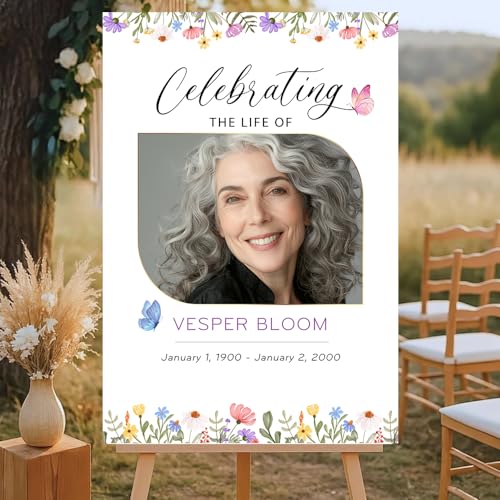 Personalized Celebration of Life Welcome Sign with Photo, Obituary Welcome Sign with Name and Date, Celebrating a Beautiful Life Butterfly Flower Tribute, Butterfly Flower Remembrance Decor, Custom Funeral Welcome Sign (Edition 1) - color: Edition 1