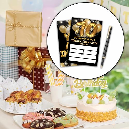 70th Birthday Invitations, Black and Gold, 4x6 Inches, 20 Pack with 20 Envelopes - style: 70th