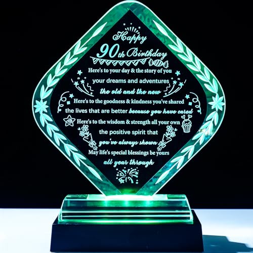 YWHL 90th Birthday Gifts for Men Women Happy 90th Birthday Decorations Crystal 90 Year Old Gift Ideas for Wife Mom Dad Husband Grandma Who Born in 1935 - style: 90th Birthday Gifts+Light Base