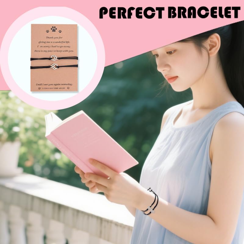 Pet Memorial Bracelet Adjustable Friendship Bracelets for Women Men Pet Sympathy Bracelet for Loss of Cat Dog Sympathy Gift Dog Cat Lovers Remembrance Gifts Matching Bracelets for 2 with Card