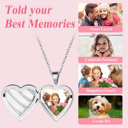 OIDEA Locket Necklace for Women: Gold Photo Lockets that Hold Picture Stainless Steel Necklace with Picture Inside Birthday Mothers Day Jewelry Gifts for Womens - color: stripes heart - silver