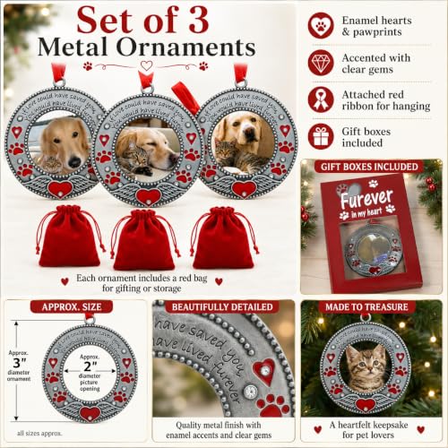 Pet Memorial Photo Ornaments Set of 3, Dog or Cat Remembrance Keepsake Picture Frames with Angel Wings, Paw Prints, Red Hearts, Enameled & Jeweled, Gift Bag Included, 3 Inch Round Holds 2 Inch Photo - size: 3 Standard