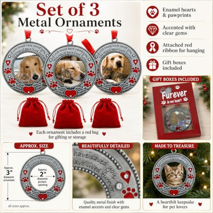 Pet Memorial Photo Ornaments Set of 3, Dog or Cat Remembrance Keepsake Picture Frames with Angel Wings, Paw Prints, Red Hearts, Enameled & Jeweled, Gift Bag Included, 3 Inch Round Holds 2 Inch Photo - size: 3 Standard