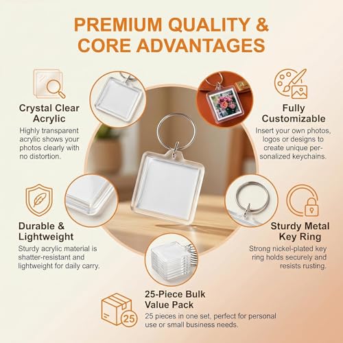 25Pcs Clear Acrylic Photo Keychains Blank Square Picture Frame Keyring Insert Personalized Keychain